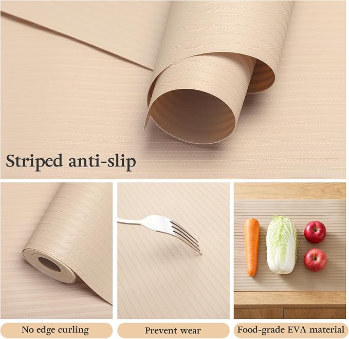 Shelf Liners for Kitchen Cabinets, 23.6 X 157.5 Inches Durable Pantry Shelving Liner for Drawer Tool Box Closed Refrigerator Non Adhesive Waterproof Protect Mat Washable, Khaki - Image 6