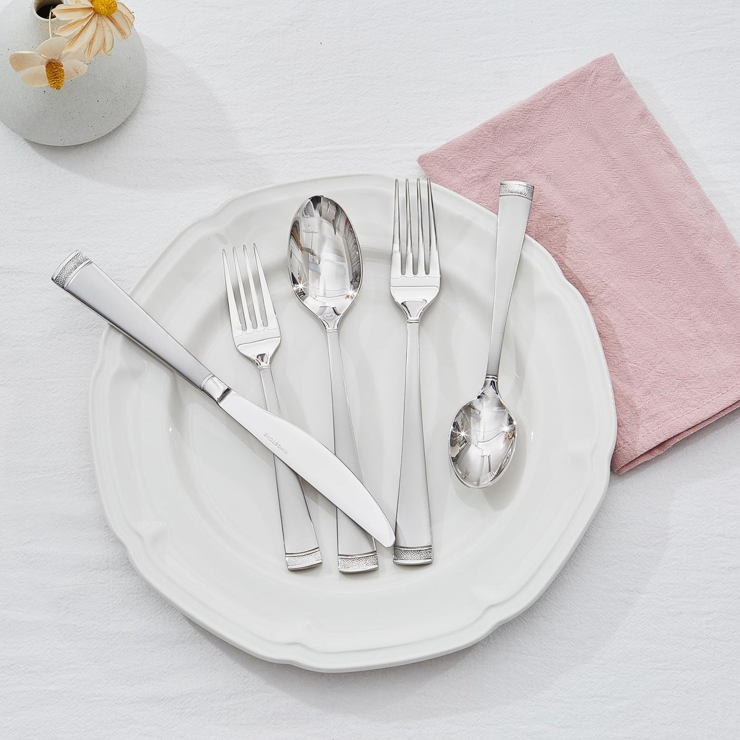 KINGSTONE Silverware Set, 20-Piece Flatware Set for 4, 18/10 Stainless Steel Cutlery Set with Bead Edge, Utensil for Kitchen, Home, Party, Wedding, Mirror Polished, Dishwasher Safe, Featured Gifts