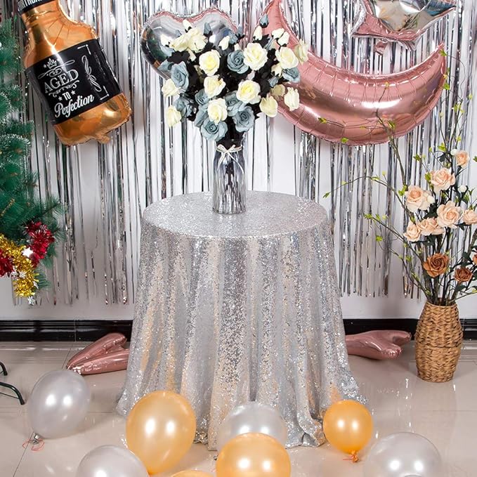 JYFLZQ Silver Sequin Tablecloth, Glitter Party Table Cover 90 Inch Round by JYFLZQ