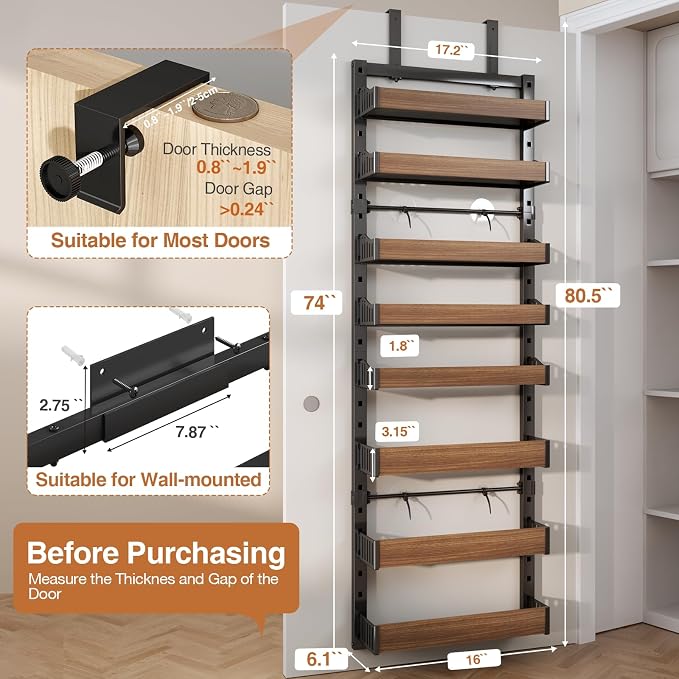 8-Tier Over The Door Pantry Organizer, Heavy-Duty Metal Wall Mount or Hanging Spice Rack, behind the door storage Shelves with Adjustable Basket, Back of Door Organizer for Kitchen Cabinet and Closet - Image 2