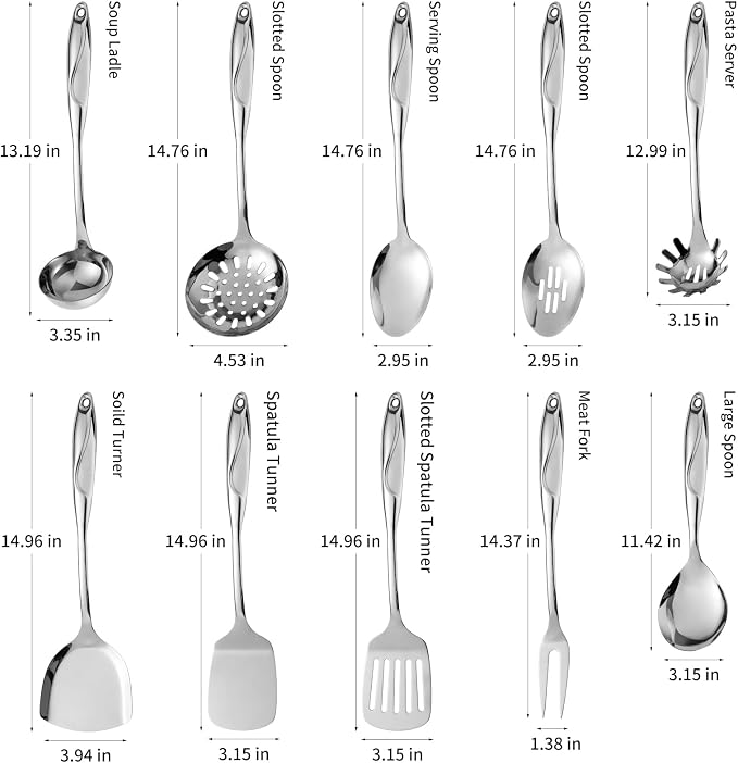 304 Stainless Steel Kitchen Utensils Set, 10 Pcs Metal Cooking Utensil, Mirror Polished Kitchen Gadget Cookware and Kitchen Tool Set, Dishwasher Safe - Image 2