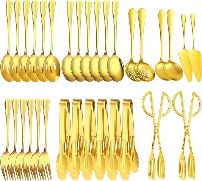 32 Piece Stainless Steel Serving Utensils Set - Complete Buffet Serving Spoons, Tongs, Ladles, Spatulas for BBQ, Parties, Weddings, Catering and Events (Gold) by Unknown