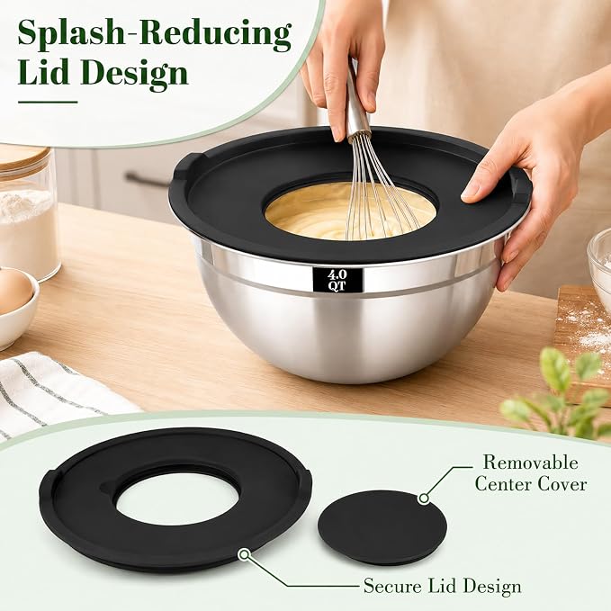 8PCS Mixing Bowls with Lids Set - 5 Nesting Mixing Bowls, 3 Grater Attachments, Lids, Stainless Steel Mixing Bowls for Mixing & Serving, Size 1.5/2.1/3.5/4/4.5 QT, Black - Image 3