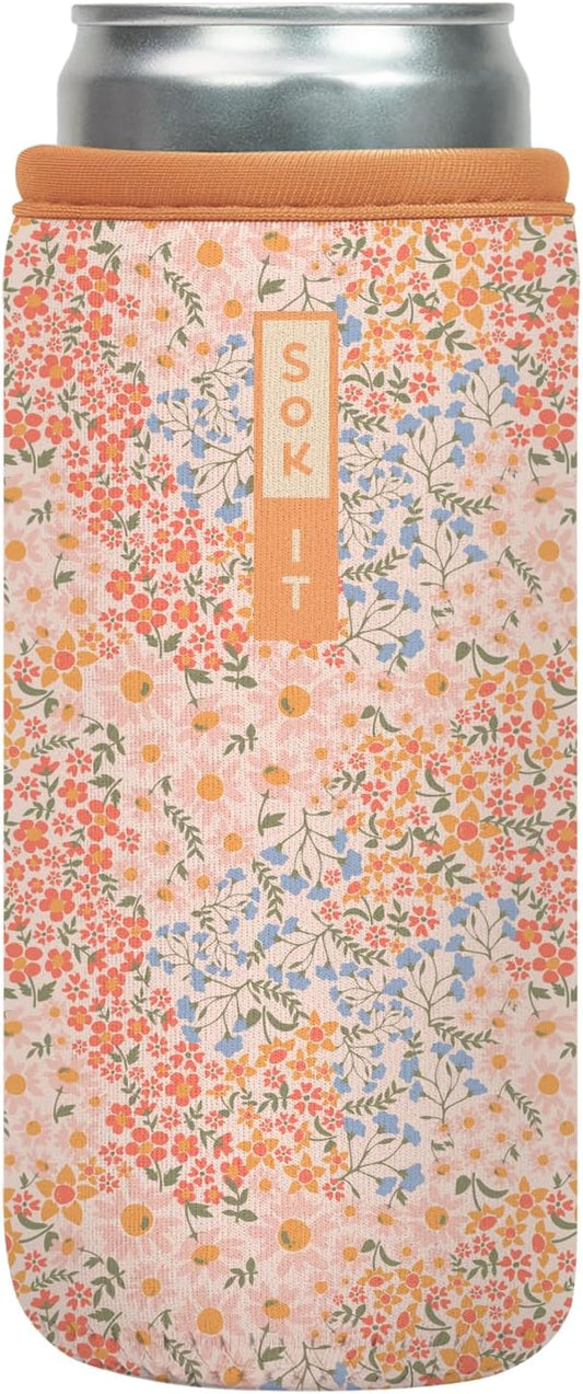 Sok It CanSok Sleeve for Beer & Soda Insulated Neoprene Cover (Dainty Florals, 12oz Slim Can Sleeve)