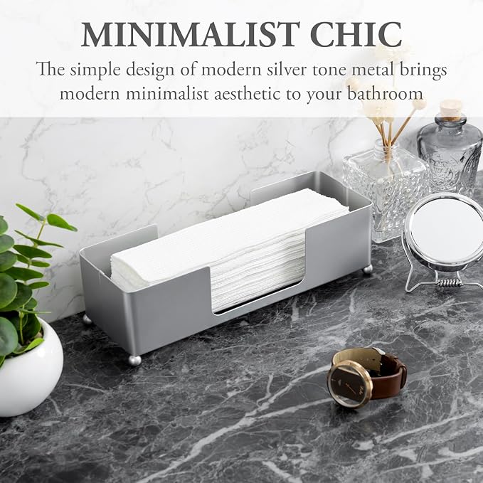 MyGift Modern Silver Tone Metal Countertop Folded Paper Towel Holders, Commercial and Guest Bathroom Sink or Vanity Table Disposable Napkin Storage Trays, Set of 2 - Image 2