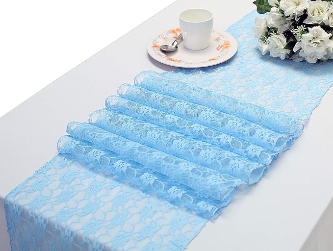 VDS Pack of 15 Floral Lace Table Runners Centerpiece Cloth Linen for Wedding Bithday Graduation Engagement Ceremony Events Party Banquets Table Decoration (12x108 inch) (Baby Blue) by VDS
