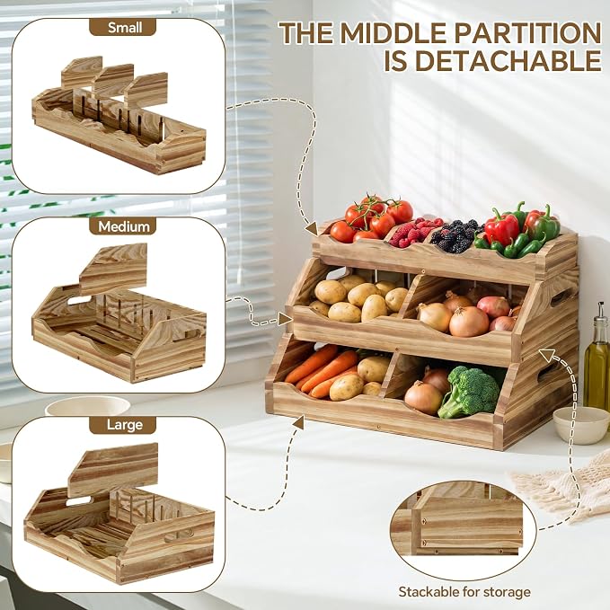 3-Tier Solid Wood Potato and Onion Storage Bin for Kitchen Counter, Stackable Fruit Vegetable Basket with 4-Compartment Top Tray Removable Adjustable, Ventilated Pantry Organizers and Storage - Image 9