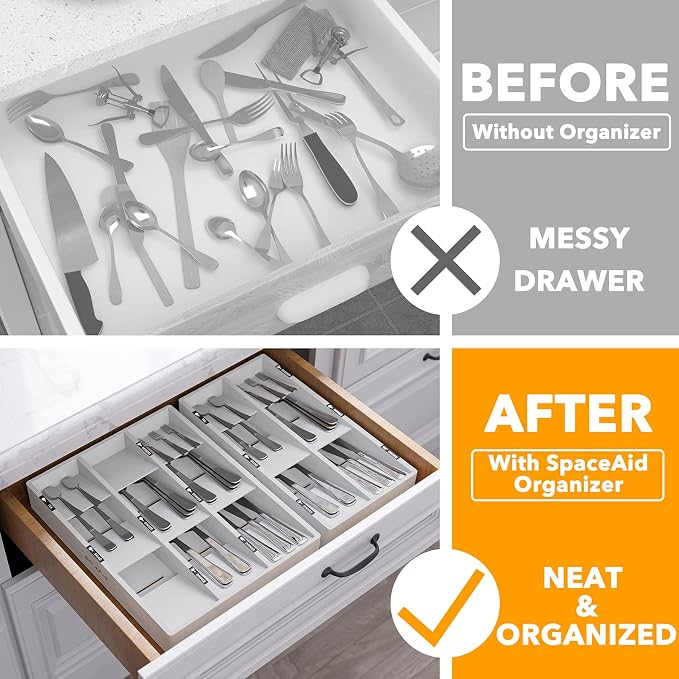 SpaceAid Bamboo Silverware Drawer Organizer with Labels, Kitchen Utensil Tray Holder Organizer for Flatware, Cutlery, Spoon and Knives Drawer Storage Organization (White, 6 Slots) - Image 2