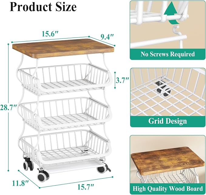 SAYZH 4-Tier Fruit and Vegetable Basket Stand for Kitchen, Wood Top, White | Stackable Vegetable Storage Baskets with Wheel, Metal Wire Storage Carts for Onion, Potato and Snacks - Image 2