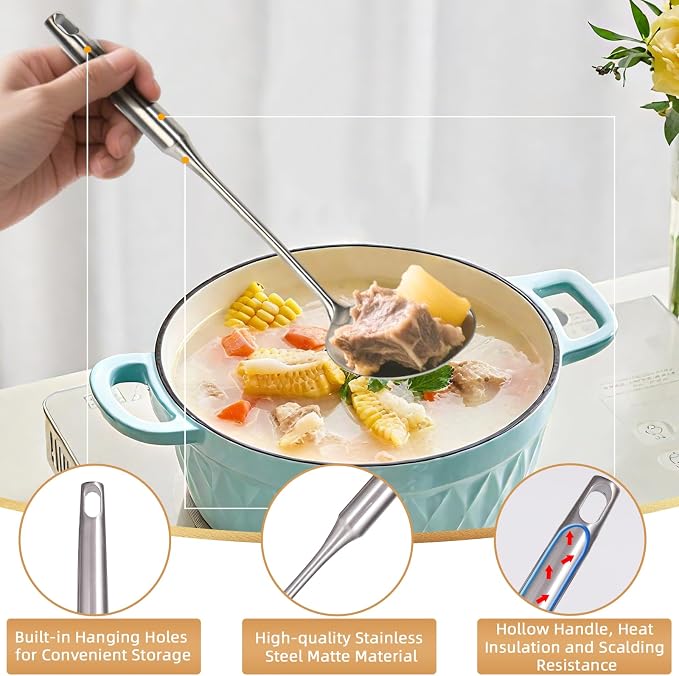 Stainless Steel Kitchen Utensil Set, 6-Piece Cooking Tools with Slotted Spoon, Soup Ladle, Pasta Server, Serving Spoons, Spatula, Slotted Turner, Non-Toxic Easy to Clean, Large Size, Silver - Image 4