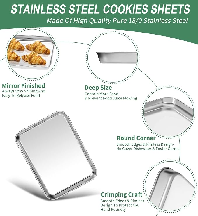 Baking Sheets Set of 2, HKJ Chef Cookie Sheets 2 Pieces Stainless Steel Baking Pans & Toaster Oven Tray Pans, Rectangle Size 9L x 7W x 1H inch & Non Toxic & Healthy & Easy Clean - Image 3