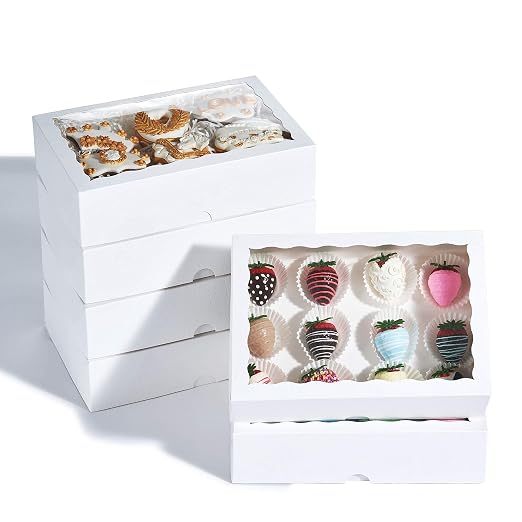50PCS 10 x 7 x 2.5 inches One Piece White Bakery Boxes, Strawberry Boxes, Elegant White Cookie Boxes with Display Window by JCXPACK