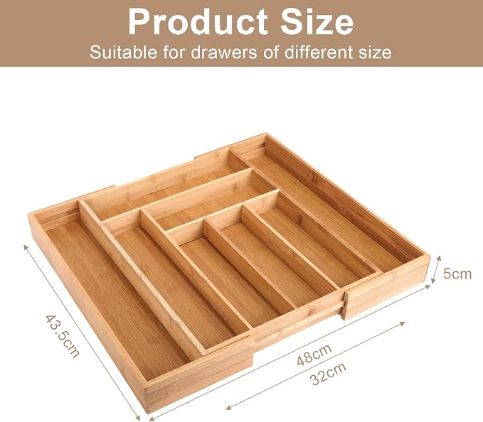 Bamboo Cutlery Tray, Adjustable Drawer Insert with 6 to 8 Compartments, Expandable Cutlery Organiser and Cutlery Tray, Organiser for Kitchen Utensils and Cutlery - Image 2