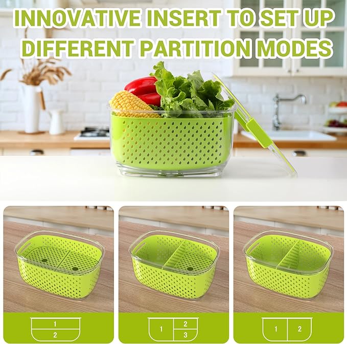 LUXEAR Fresh Produce Vegetable Fruit Storage Containers 3Piece Set, BPA-free Fridge Storage Container, Partitioned Salad Container, Fridge Organizers, Used in Storing Fruits Vegetables, Green - Image 5