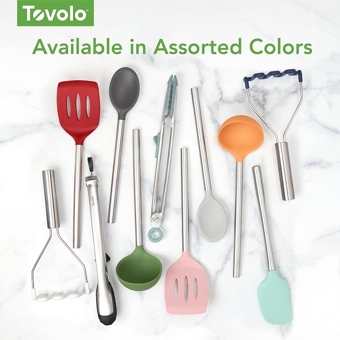 Tovolo Silicone Cooking Utensil Set of 6 Pink Sorbet Ladle Slotted Turner Tongs Flex Core Spatula Scraper Mixing Spoon and Potato Masher, Dishwasher Safe BPA Free Silicone Kitchen Utensils - Image 4