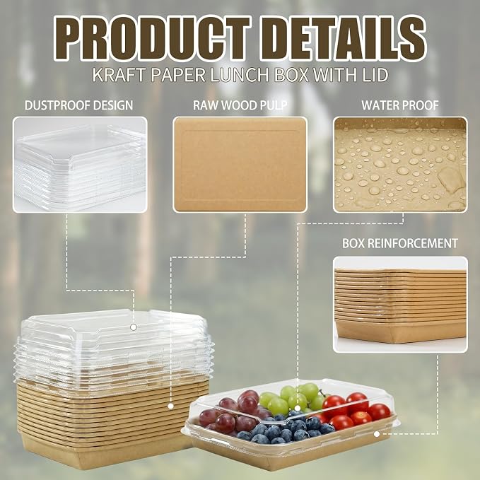 30 Pack Disposable Kraft Paper Food Trays With Clear Lids, 25oz | 10 x 6.5 x 2 inch Large Rectangle Take‑out Containers, Heavy‑duty Meal Storage Boxes for Food, Perfect for Next Day Lunch, Party - Image 4