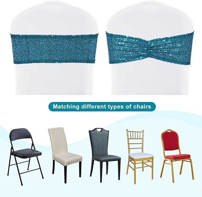SquarePie Pack of 50 Chair Sashes Teal Glitter Bows Bands for Wedding Banquet Party Decoration - Image 6