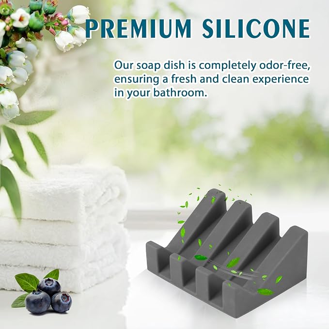 2 Pack Self Draining Silicone Soap Dish for Shower & Kitchen - Waterfall Bar Soap Holder Tray, Non-Slip Soap Saver Keeps Soap Dry, Easy to Clean, Extends Soap Life (Grey) - Image 4