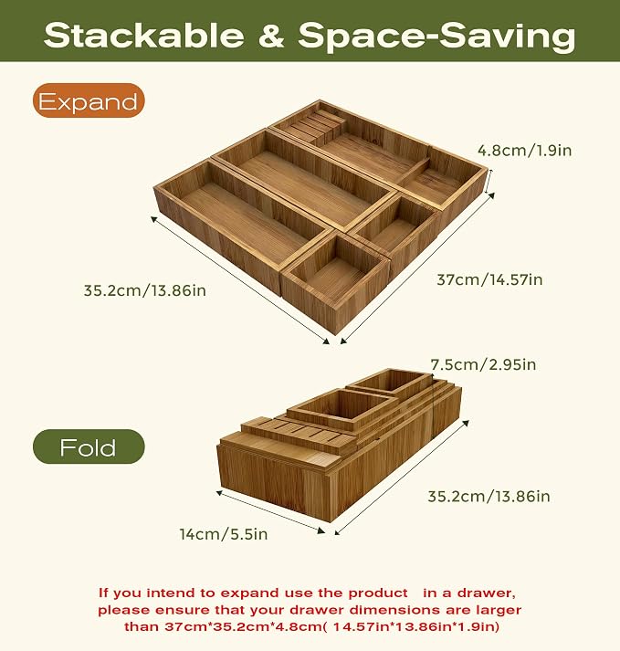 KOCWELL Bamboo Silverware Drawer Organizer with Knife Block, 5 Removable Drawer Organizer Bins - Multi-Use for Kitchen Utensils, Office, Makeup, Tools Storage - Image 4