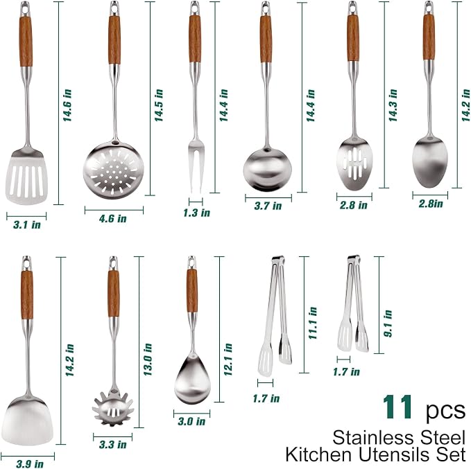 304 Stainless Steel Kitchen Utensils Set with Wooden Handle, 11 Pcs Long Heat Resistant Metal Cooking Utensils Set, Stainless Steel Cooking Utensils Set with Spatula, Turner, Solid and Slotted Spoon - Image 2