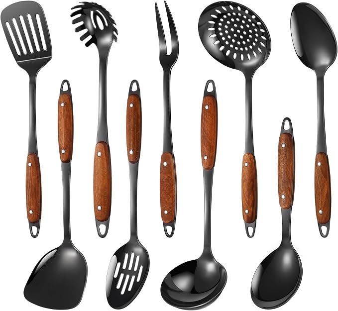 304 Stainless Steel Cooking Utensils Set,9PCS Metal Kitchen Utensils Set with Wooden Handle,Solid Spoon,Spatula,Ladle,Skimmer,Spaghetti Spoon,Dishwasher Safe(Black) by Lazycorner