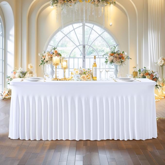 Besutolife 6 Pack White Spandex Tablecloth for 8ft Rectangle Tables Fitted Table Cloth Stretch Table Covers Skirt 8ft Rectangular Tablecloths for Banquet Parties Wedding Decorations - Image 5