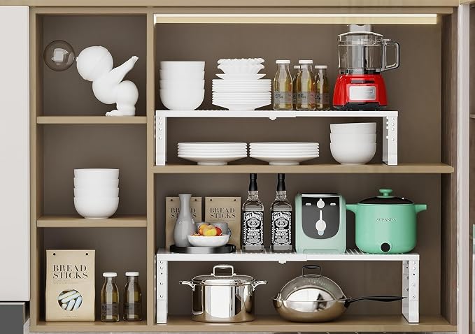 Jojocross Expandable Cabinet Shelf Organizer Storage Spice Rack Shelves for Kitchen Stackable Adjustable Pantry Cupboard Bathroom Countertop Desktop(1Pack/White/Large-with Hole) - Image 4