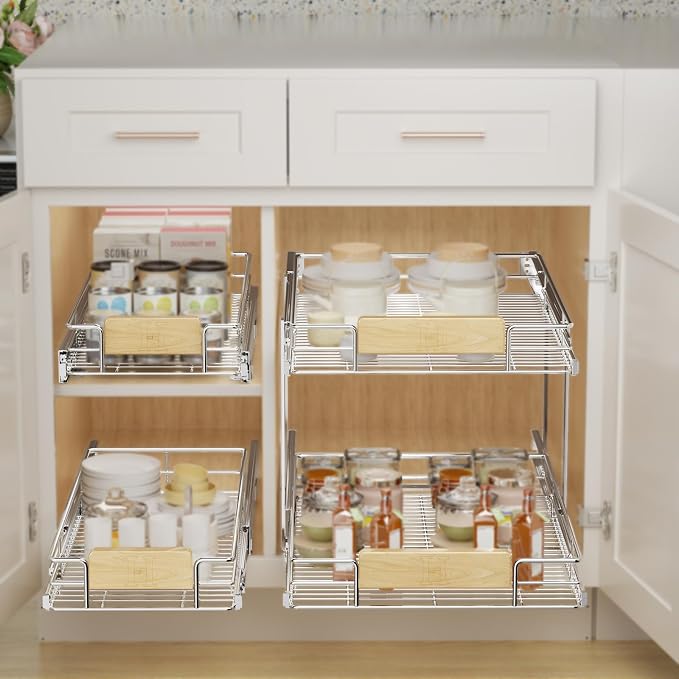 LOVMOR 2 Tier Pull Out Cabinet Organizer 13½" W x 21½" D, Slide Out Drawers with Wooden Handle, Sliding Shelves Organization and Storage for Kitchen, Pantry - Image 2