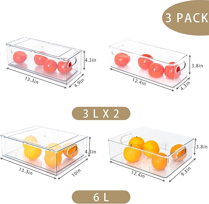 Set of 3 Stackable Refrigerator Organizer Bins Pull-Out Drawers for Fruit and Veggies Divided Storage Organizer for Fridge Clear Drawer Containers with Handle for Produce Saver, Eggs, Snack - Image 3