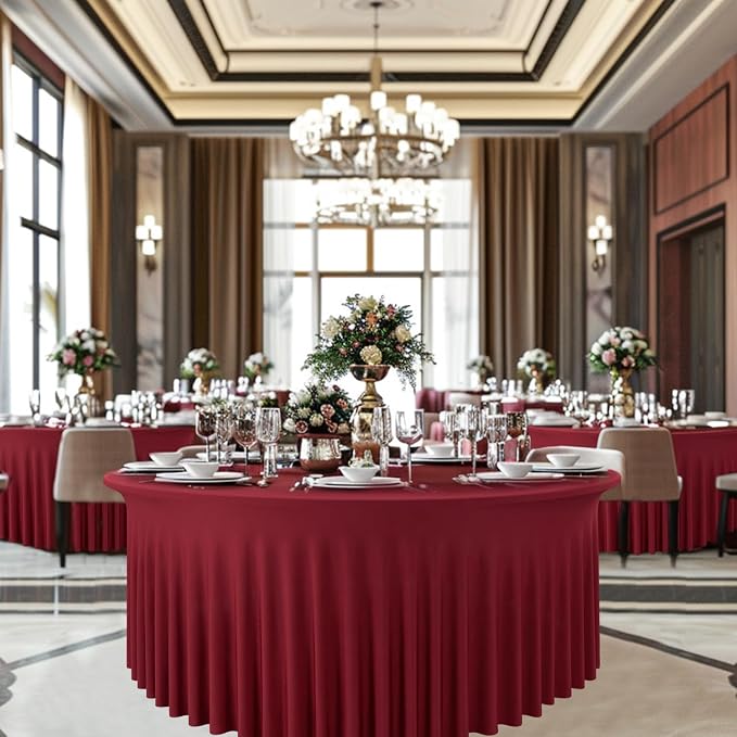 leegleri 6 Pack Spandex 72inch Burgundy Round Tablecloths, Stretchy 132inch Fitted 6FT Round Table Cloths, Wrinkle Free Table Cover with Skirt for Wedding Birthday Party Bridal Shower Banquet - Image 7