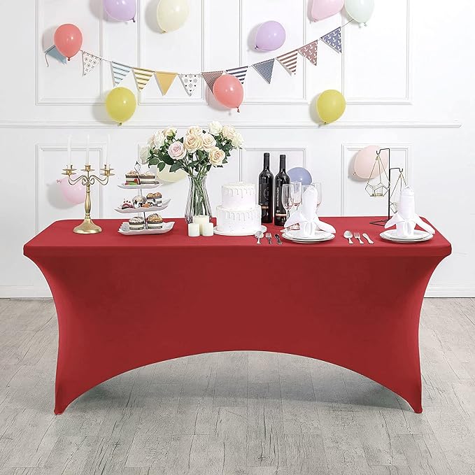 MDS® Pack of 5 Spandex Tablecloth 8FT Tight Fitted Stretch Table Cover – Washable Wrinkle-Free Reusable Elastic Patio Tablecloth for Wedding, Party, Banquet, Trade Show, Event Décor - Apple Red - Image 3