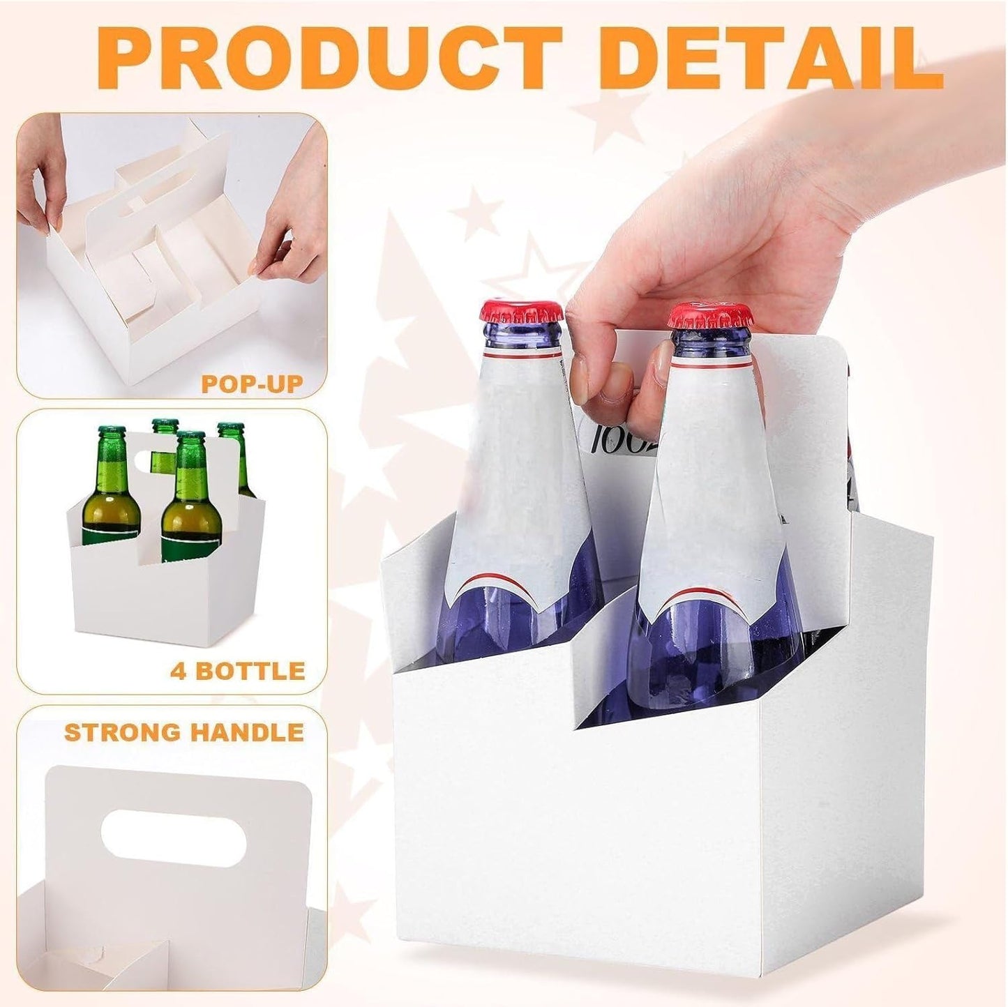 Jetec 4 Cup Drink Carrier with Handle, Kraft Paperboard Beer Carrier, Disposable Drink Holder for Hot or Cold Drinks, 12-16 oz Bottle Holder for Soda and Other Bottled Products(50 Pcs,White)
