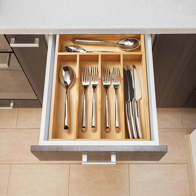Umilife Bamboo Kitchen Drawer Organizer, 11 Inch Silverware Utensils Tray Holder with Grooved Dividers, 2.4" High Wood Caddy for Flatware Cutlery Knives - Image 5