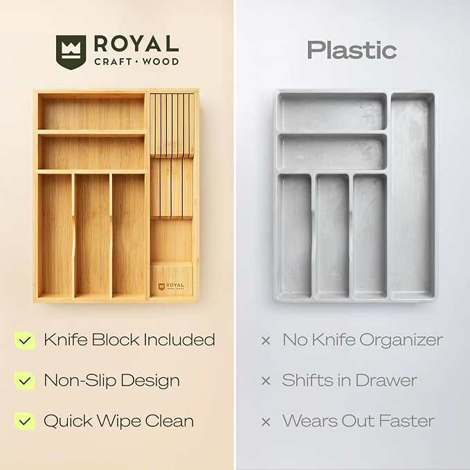 Drawer Organizer with Knife Block for Kitchen Organization, Bamboo Silverware Drawer Organizer, Compact Bamboo Cutlery Tray for Flatware and Utensils, Removable 7-Slot Knife Block for Kitchen Drawers - Image 10