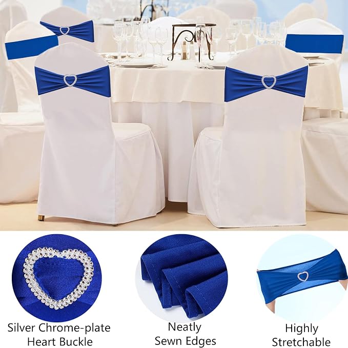 Royal Blue Chair Sashes 25 Pack Spandex Blue Sashes for Chairs Covers Universal Stretch Chair Sashes Band with Heart Buckle Slider for Wedding Banquet Party Decorations - Image 3