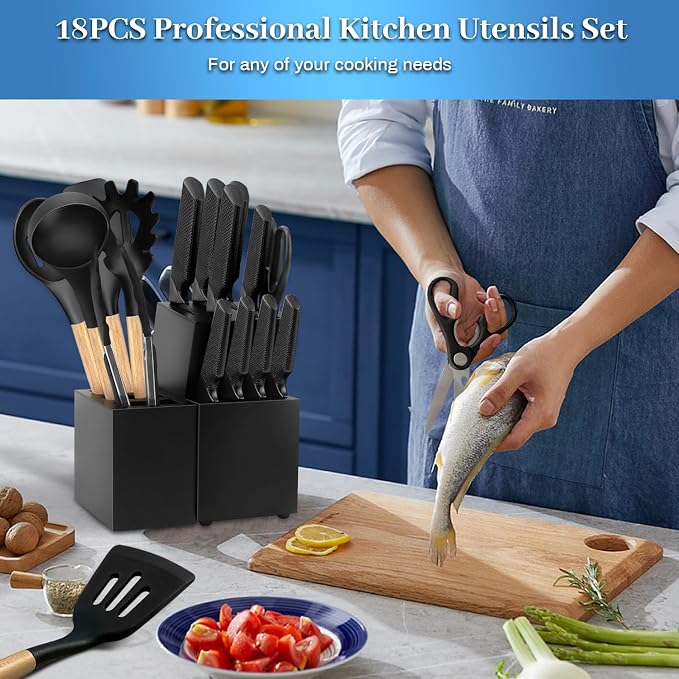 Kitchen Knife Set,18 Pieces Black Kitchen Utensils Set with Holder and Kitchen Professional Chef Knife Set for Cooking,Non-Stick Heat Resistan Silicone Utensils Set with Wooden Handle (Black) - Image 8