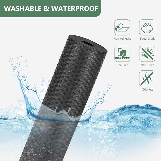 Shelf Liners, Non-Adhesive Drawer Liner, Waterproof & Oil-Proof Kitchen Cabinet Cupboard Liner Plastic EVA Material BPA Free Fridge Liner Mats Paper Protector for Shelves (Black/12in x 120in) - Image 2