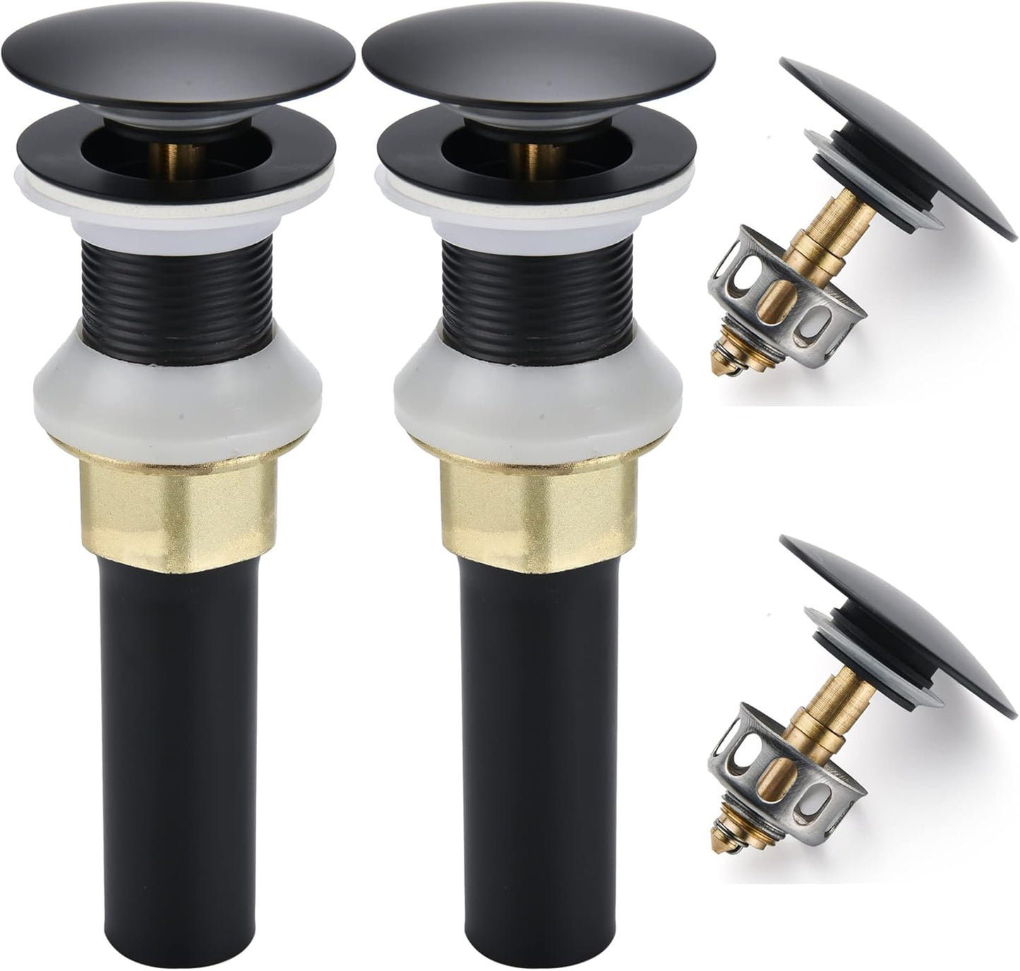 Bathroom Sink Drain,2 Pack Drain Stopper Bathroom Sink Without Overflow,Pop Up Drain Assembly with Detachable Strainer Basket,Built-in Anti-Clogging Strainer,Stainless Steel Mattle Black