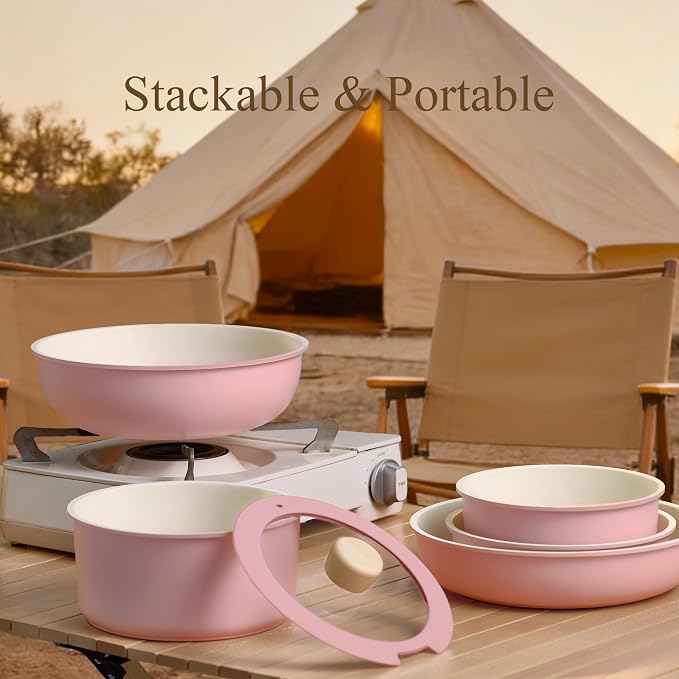 CAROTE 19pcs Pots and Pans Set Non Stick, Detachable Handle Cookware, Pink - Image 5