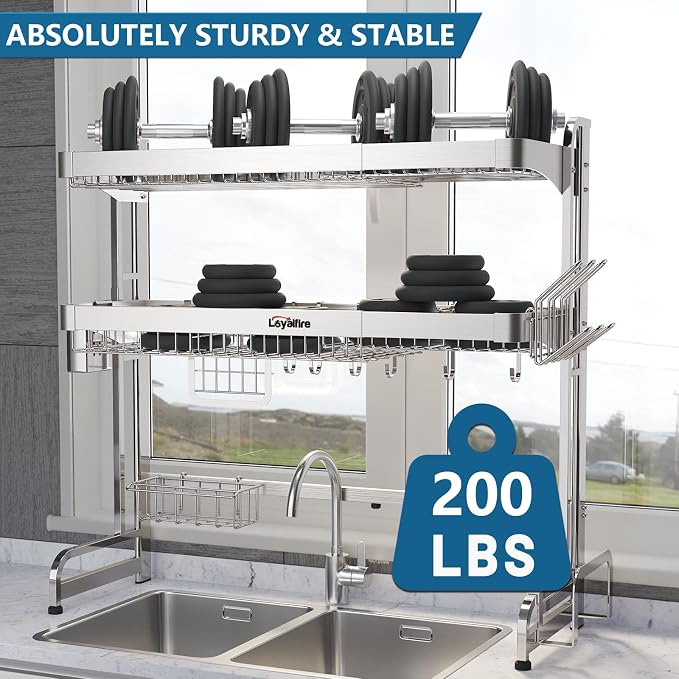 Loyalfire Over Sink Dish Drying Rack, 3 Tier Adjustable Length (20.87'' to 37.6'') Full Stainless Steel Large Storage Kitchen Dish Rack, Expandable Drainer Shelf Rack with Multifunctional Organizers - Image 5