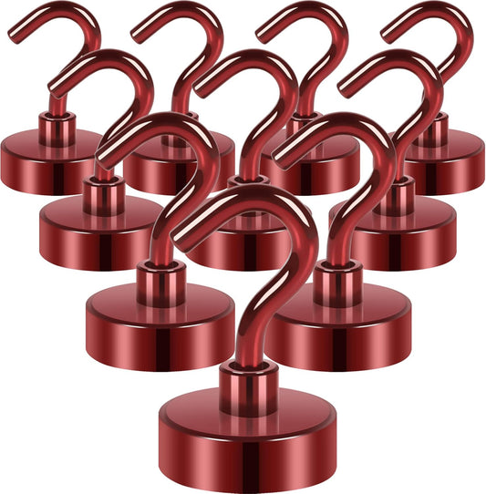Neosmuk Magnetic Hooks,Heavy Duty Earth Magnets with Hook for Refrigerator, Extra Strong Cruise Hook for Hanging, Magnetic Hanger for Cabins, Grill (Red, Pack of 10)