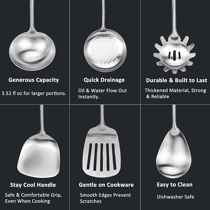 304 18/10 Stainless Steel Kitchen Utensils Set 11 Pcs Long Metal Cooking Utensil, Spatula, Soup spoon, Leaking shovel, Ladle, Tunner, Pasta Server, Meat Fork, Tongs Kitchen Tools Set, Dishwasher Safe - Image 6