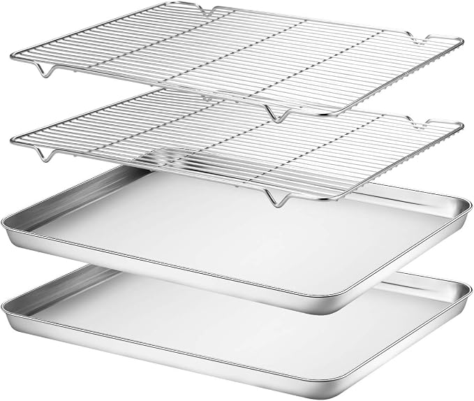 Wildone Baking Sheet & Rack Set [2 Sheets + 2 Racks], Stainless Steel Cookie Pan with Cooling Rack, Size 16 x 12 x 1 Inch, Non Toxic & Heavy Duty & Easy Clean by Wildone