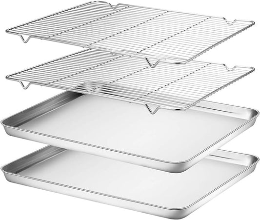 Wildone Baking Sheet & Rack Set [2 Sheets + 2 Racks], Stainless Steel Cookie Pan with Cooling Rack, Size 17.3 x 12.2 x 1 Inch, Non Toxic & Heavy Duty & Easy Clean by Wildone