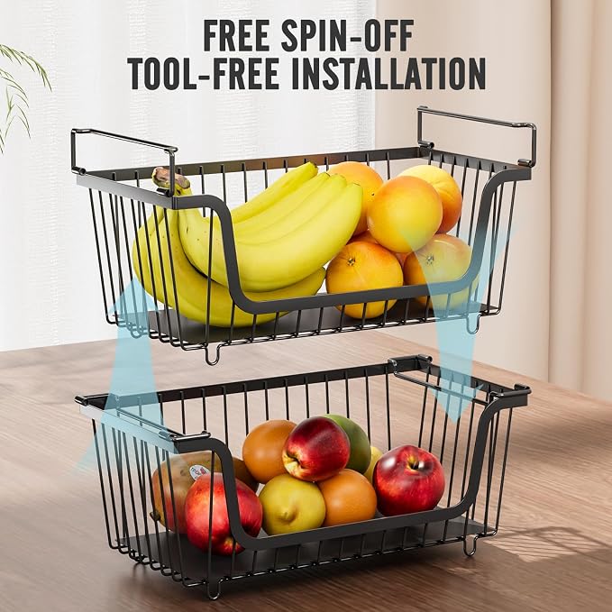 GAOKASE 6 Pcs Stackable Wire Baskets for Pantry Organizers and Storage, | Vegetable Fruit Basket for Countertop,Kitchen Storage Metal Baskets,Produce Potato Onion Storage Bin,Black - Image 4