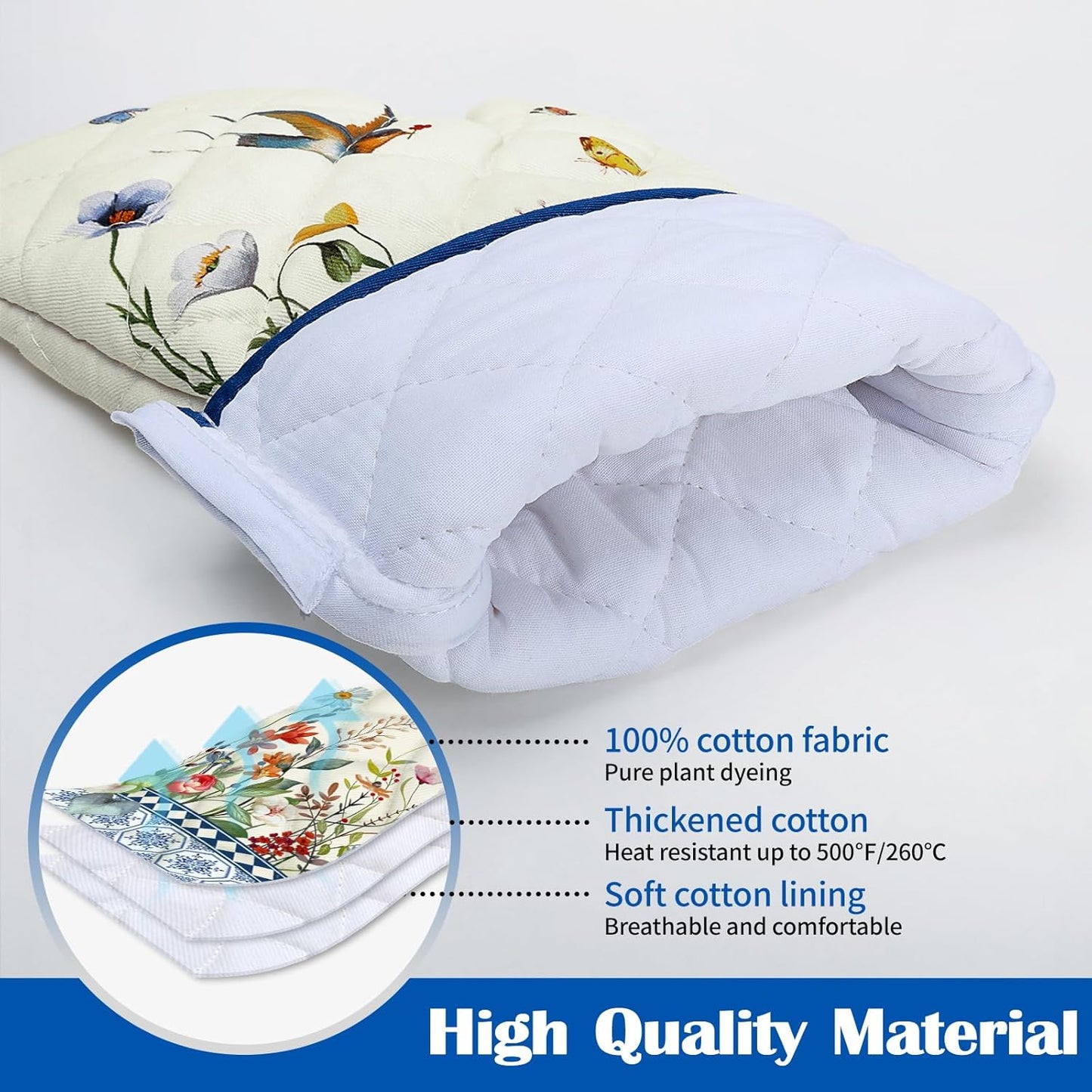 Retro Wildflowers Oven Mitts and Pot Holders Sets 100% Cotton Heat Resistant, Extra Long Oven Gloves Potholder for Kitchen Cooking Baking Housewarming