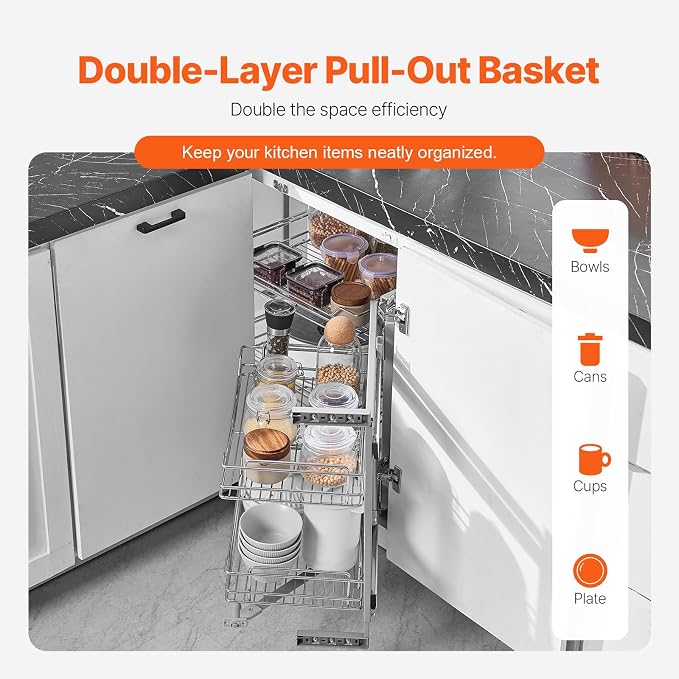 VEVOR 18" W Opening Blind Corner Pull Out Organizer, 2 Tier 4 Shelf Kitchen Cabinet Organizer, Magic Chrome Carbon Steel Storage Basket, Slide Out Storage Organizer, Left & Right Open Compatible - Image 5