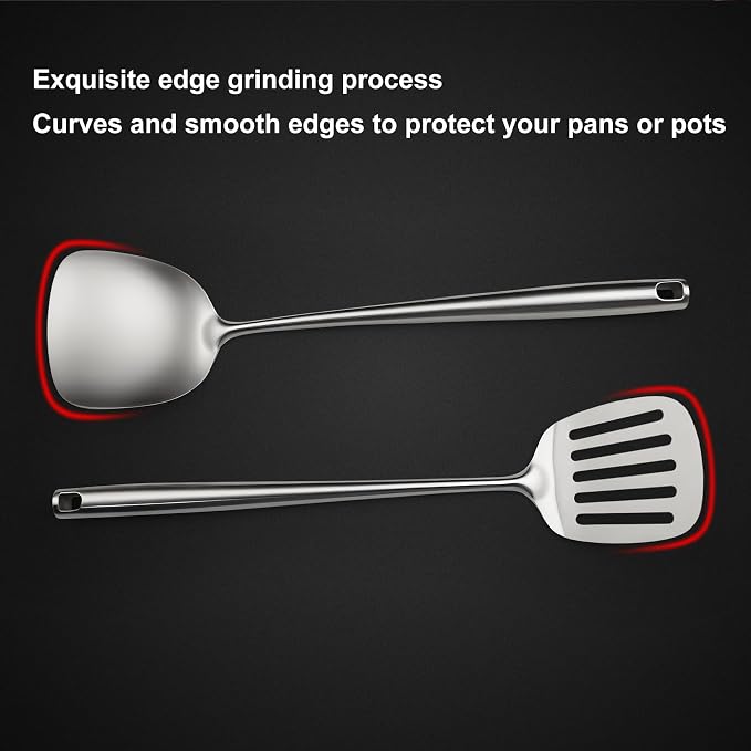 18/10 Stainless Steel Cooking Utensils Set,9 Pcs Professional All Metal Stainless Steel Kitchen Utensils Set with Wok Spatula,Soup Ladle,Skimmer,Slotted Spatula Turner, Large Spoon(Dishwasher Safe) - Image 7