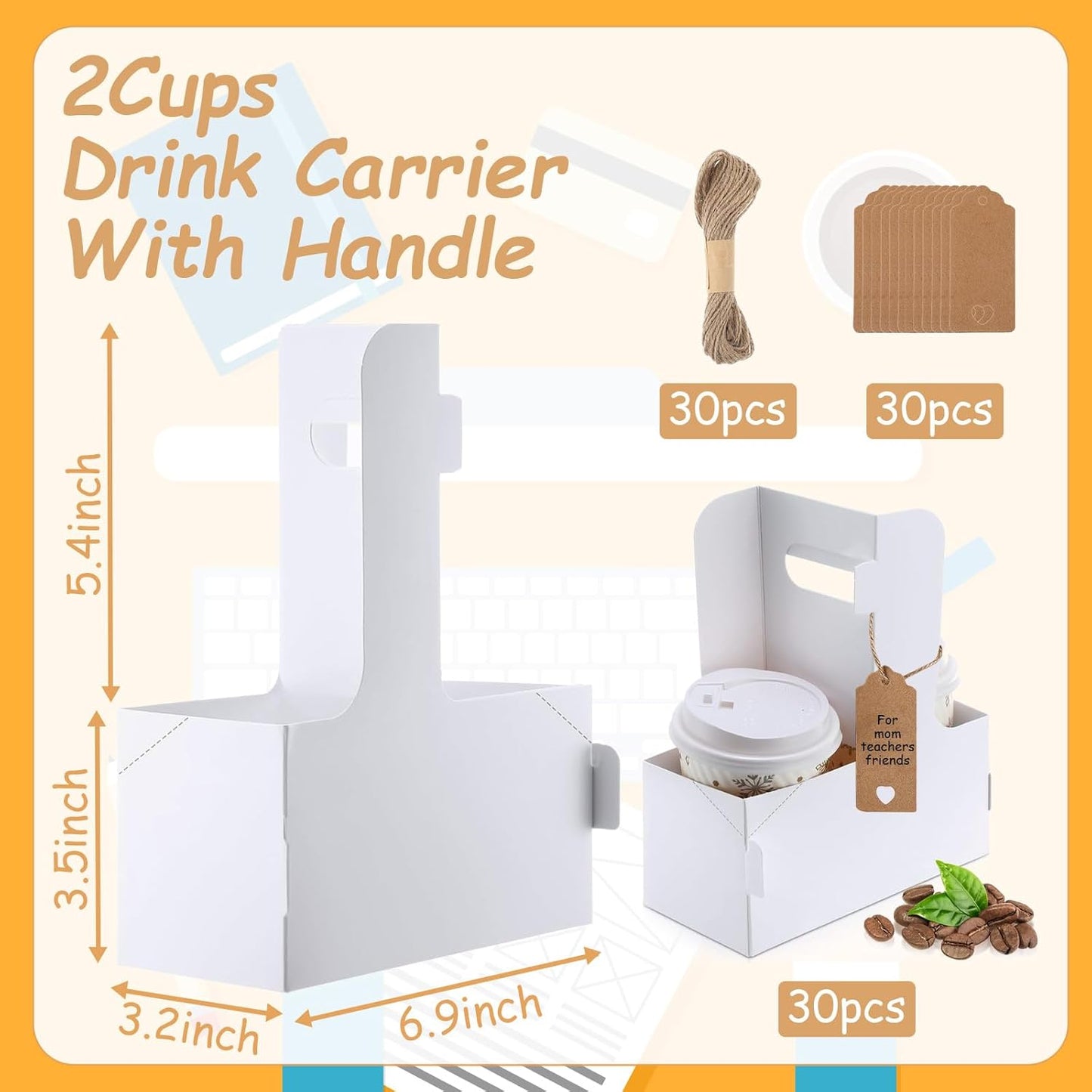 30 Pack 2 Cup Disposable Drink Carrier with Handle Paperboard Coffee Cup Holder Portable for Hot Cold Drinks Food Delivery Services with Heart Card for Teacher Appreciation Week Mother's Day