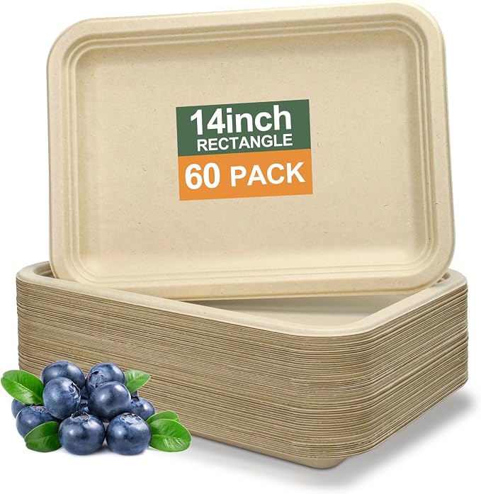 14 Inch Compostable Paper Plates, 60 Pack Heavy-Duty Bagasse Trays | Microwave & Freezer Safe, Biodegradable, Water & Oil-Resistant, Disposable Paper Plates for Birthday Weddings Parties BBQ by BangShou